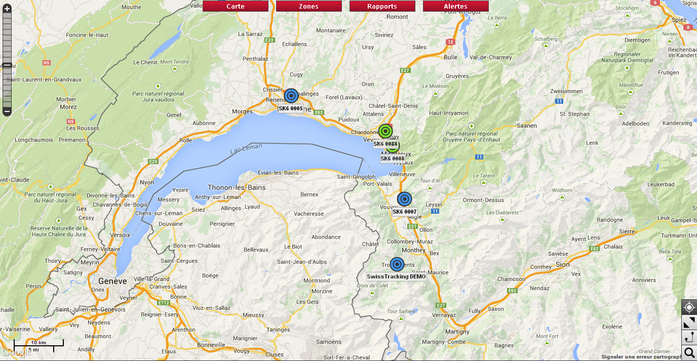 Carte de suivi des véhicules équipés de traceurs GPS SwissTracking sur l'arc lémanique